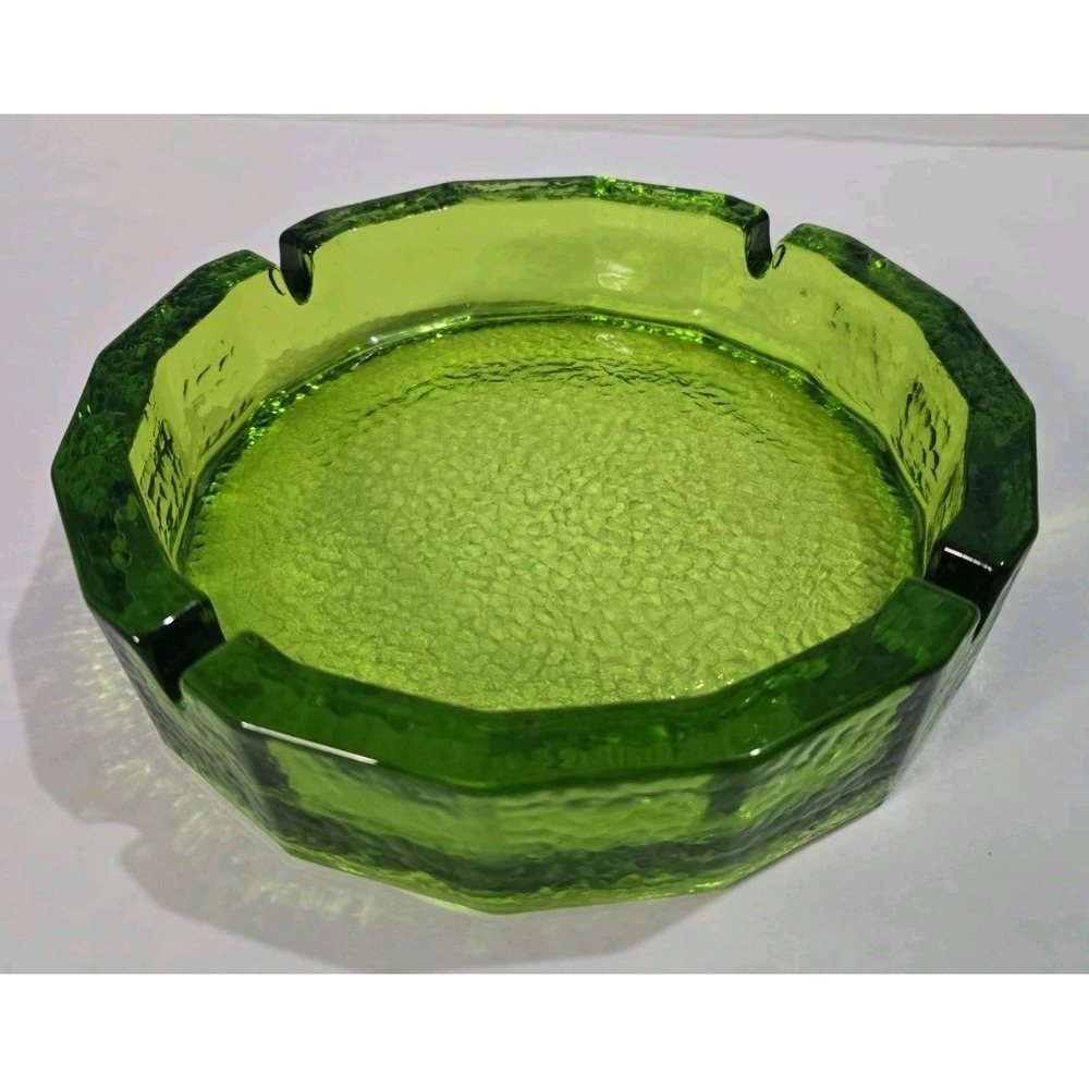 Vintage Large  Blenko Round Art Glass Green Textured Ashtray 7.75"